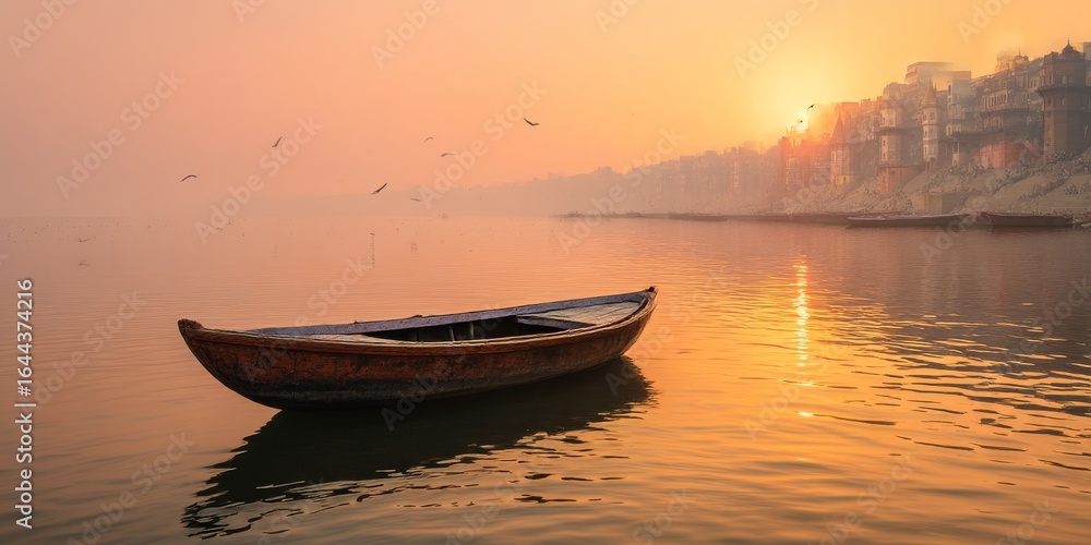 Fototapeta premium Wooden boat floating on ganges river at sunrise with birds flying in varanasi, india