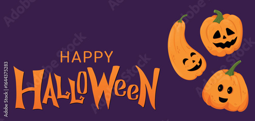 Cute Pumpkins on a Halloween poster. Happy Halloween words and three cartoon Pumpkins the Jack Lantern with different emotions. Good for Festive social media posts. poster or banner design