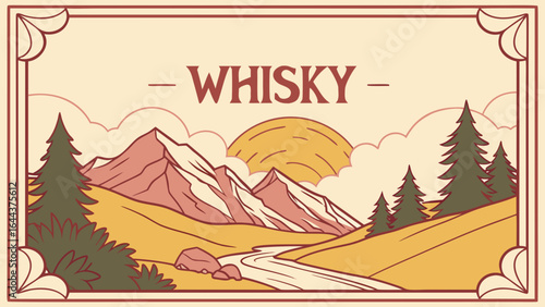Whisky distillery mountain landscape vintage poster design for alcohol beverage advertising and branding use