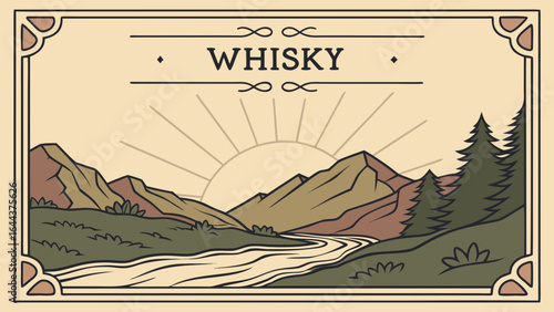 Vintage whisky label design with mountain landscape river and trees for alcohol brand advertising and marketing