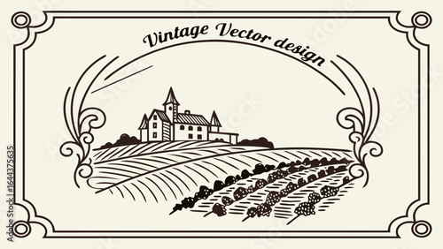 Download vintage vineyard landscape vector art illustration design with farmhouse drawing design element