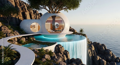 Futuristic luxury villa with infinity pool and waterfall cascading down a cliffside overlooking the ocean