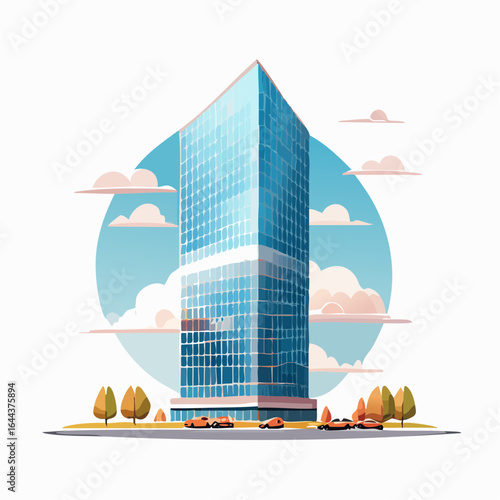 Modern glass skyscraper stands tall amidst autumnal trees and parked cars under a partly cloudy sky.