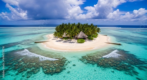 Fototapeta Naklejka Na Ścianę i Meble -  Aerial view of a small tropical island with palm trees and a bungalow in crystal clear turquoise water