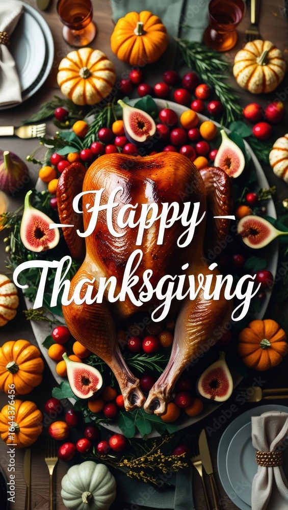 Obraz premium Festive Roasted Turkey Centerpiece with Pumpkins, Figs, Cranberries, and ‘Happy Thanksgiving’ Greeting