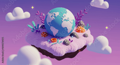 A whimsical 3D globe on a surreal floating island with pink fur and fantastical plants.