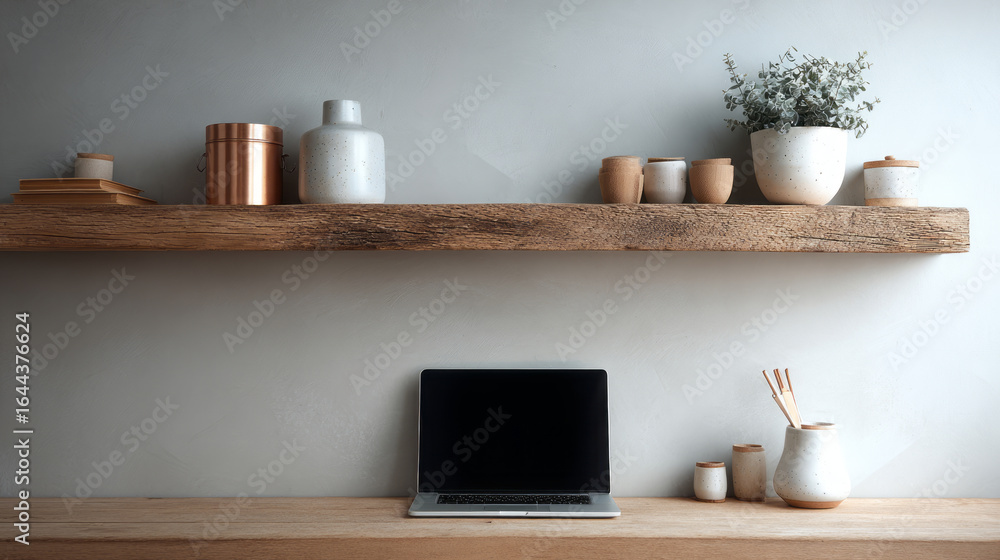 Obraz premium Minimalist workspace with laptop on wooden desk and rustic shelf with ceramic pots and plants