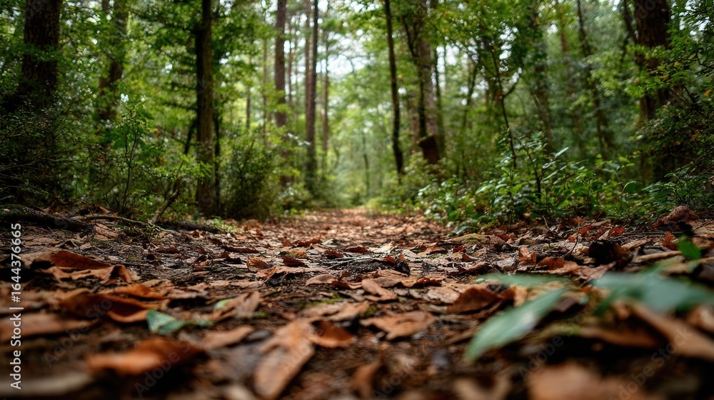 Fototapeta premium Wide shot of a peaceful forest trail with fallen leaves and tall trees surrounded by lush greenery du daytime in a natural outdoor environment