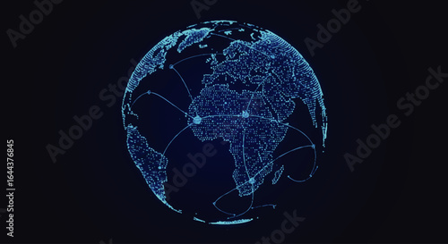 Abstract glowing blue digital globe with a network grid showing global connectivity.