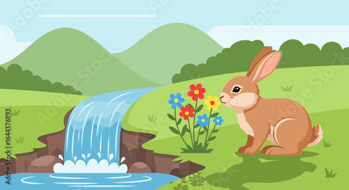 Enchanting woodland scene featuring a charming rabbit enjoying the scent of flowers near a gentle waterfall