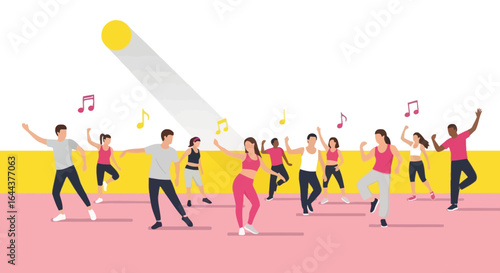 Enthusiastic Group Enjoying a Dynamic Dance Fitness Class with Energetic Music