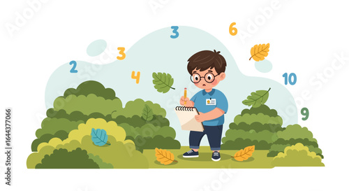 Enthusiastic Young Botanist Drawing Leaves During a Field Study in Autumn Season