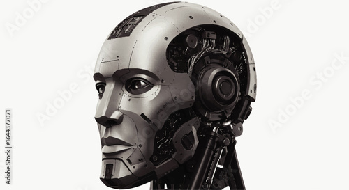 Advanced humanoid robot head in profile with exposed intricate mechanical wiring.