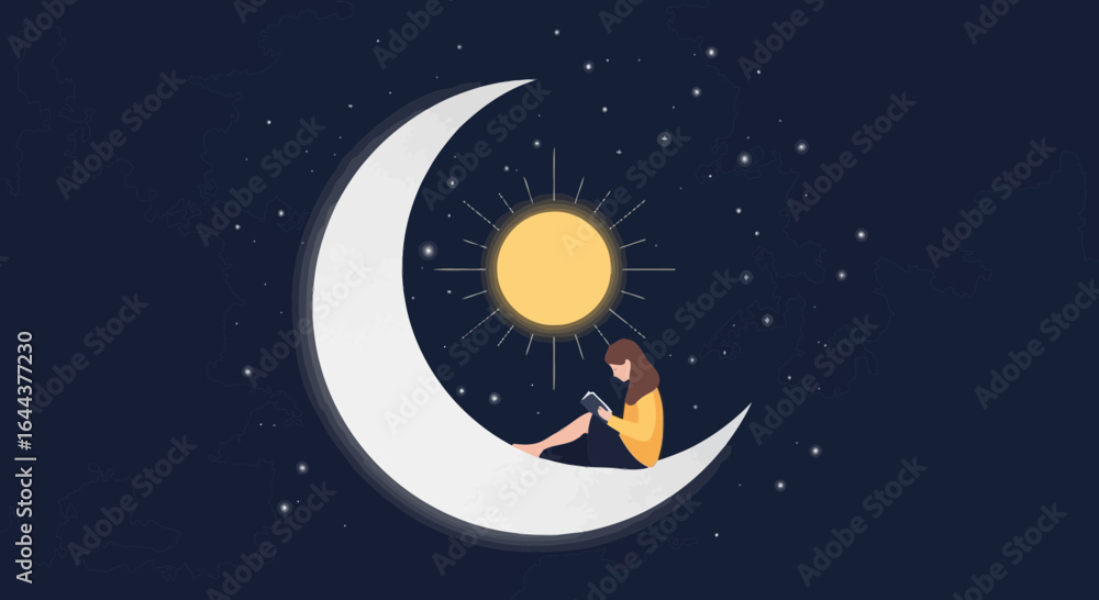 Fototapeta premium Girl reading on the moon with starlight and celestial sun background illustration