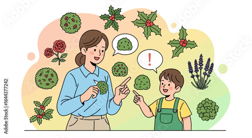 Exploring the garden together: A young boy learns about plants with his mother in a whimsical illustration showcasing different species