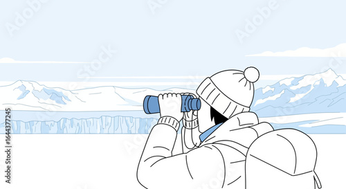 Explorer in Antarctica with Binoculars Gazing at Icebergs and Snowy Mountains