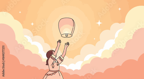 Girl releases sky lantern into sunset, symbolising hope and new beginnings, illustration of wishes and dreams floating to the sky