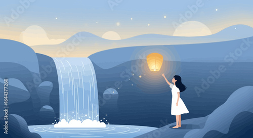 Girl releasing a sky lantern near a waterfall in a serene blue landscape creating a magical peaceful atmosphere