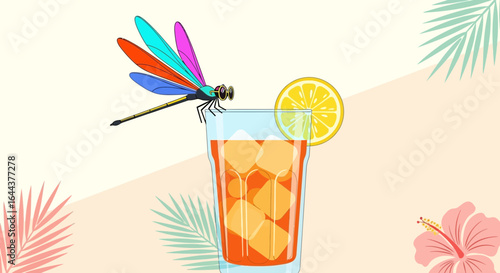 Exotic Refreshment Featuring A Colorful Dragonfly And Iced Drink In Tropical Setting