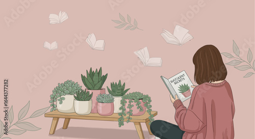 Girl Reading About Succulents Surrounded By Plants In A Cozy Interior