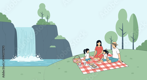 Family enjoy a picnic at the park near waterfall illustration in nature background