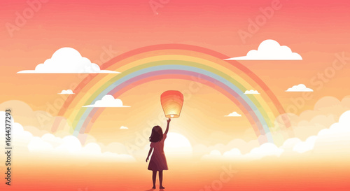 Girl Releasing Glowing Lantern at Sunset Under a Rainbow Sky Illustration