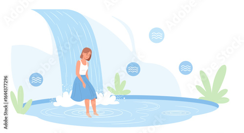 Girl sitting under waterfall in nature with her feet dipped in water vector illustration landscape and refreshing moment in outdoors