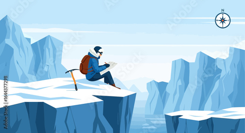Explorer sketches the arctic landscape from a precarious ice cliffside vantage point