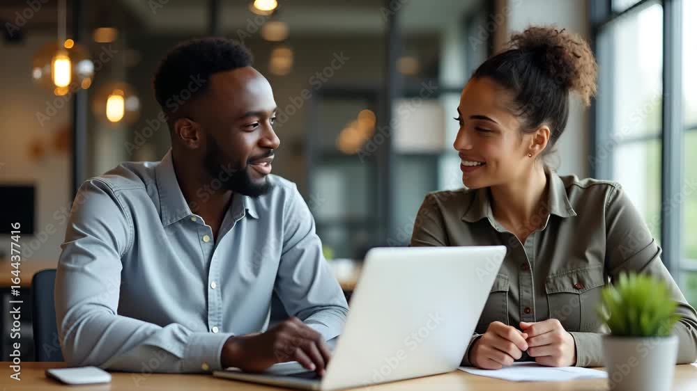 Flat Vector Illustration of Happy African Male Employee and Latin Colleague Collaborating at Work, Smiling Diverse Team Sharing Ideas in Office Flat Vector Illustration of Happy African Male Employee and Latin Colleague Collaborating at Work, Smiling Diverse Team Sharing Ideas in Office