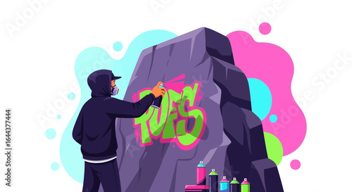 Graffiti artist spraying colorful designs on a rock formation in an urban landscape