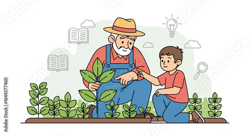 Grandfather farmer teaching grandson about plants and farming in the field illustration