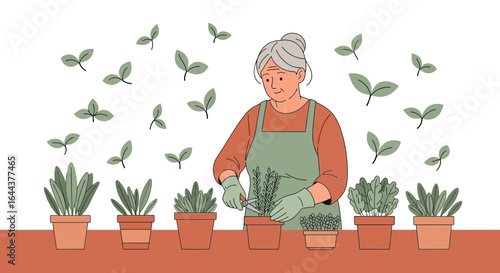 Grandmother gardening with potted plants, a serene illustration of horticultural activities and elderly care joy