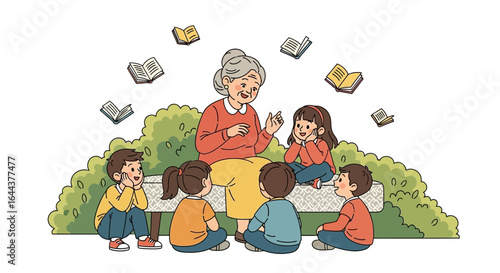Grandmother telling stories to children outdoors surrounded by floating books illustration