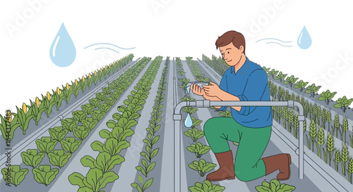 Farmer inspecting irrigation system in cultivated land with rows of crops illustration