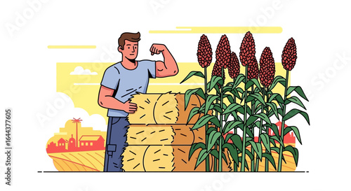 Farmer showing his strength next to haystacks and sorghum plants on a farm field