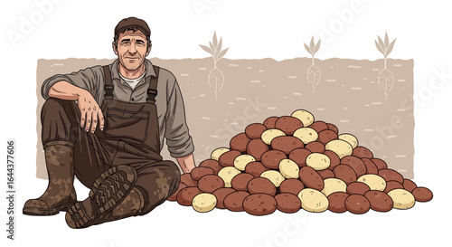 Farmer Sitting Beside Harvested Potatoes Depicting Agricultural Success and Rural Life