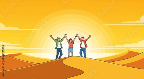 Group of friends celebrating on a desert dune with sunset behind them illustration