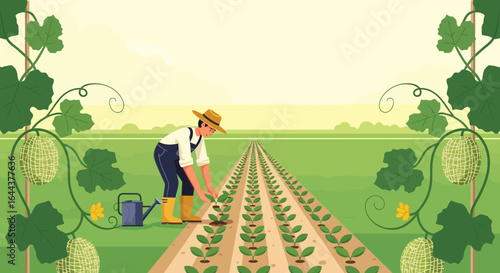 Farmer tending to crops in a field with melon vines in the foreground illustration