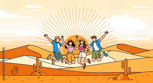 Group of friends joyfully jumping against the backdrop of a desert landscape with radiating sun beams