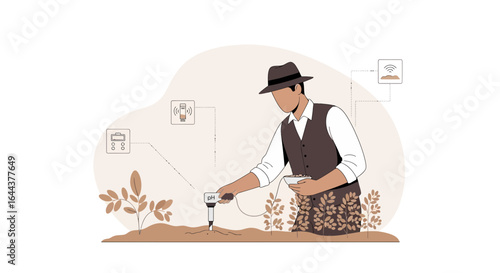 Farmer uses smart agriculture technology to analyze the soil ph and enhance crop management illustration