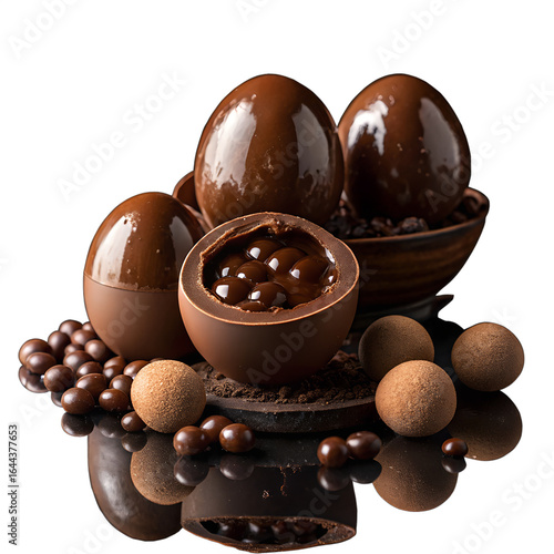 Chocolate Eggs Delight: A decadent arrangement of exquisite, gleaming chocolate eggs, showcasing a tantalizing display of gourmet indulgence for Easter celebration.