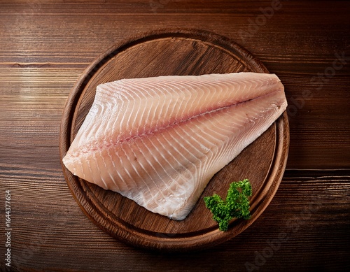 uncooked saithe fish fillet presented as a wholesome meal option with blank table space