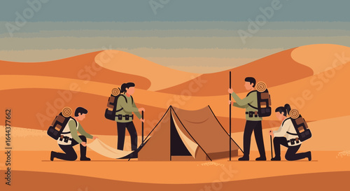 Group of hikers setting up camp in a desert landscape illustration featuring tents and backpacks offering a sense of adventure and exploration