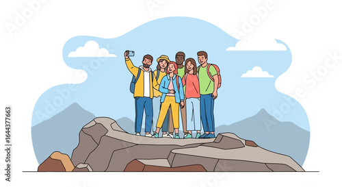 Group of happy friends taking a selfie on top of a mountain celebrating their adventure together enjoying vacation traveling