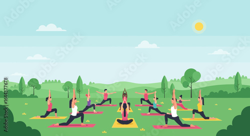Group Yoga Session In Nature's Embrace Under Sunlight For Healthy Lifestyle