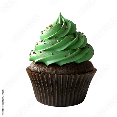 Green Frosted Cupcake: A single, freshly baked cupcake, crowned with vibrant green frosting and delicate sprinkles, invites indulgence and sweetness