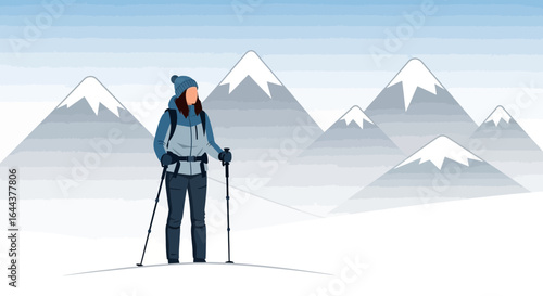 Female Adventurer In Snowy Mountains Hiking Adventure Digital Illustration