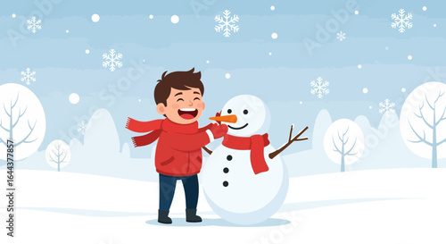 Happy Boy Building a Snowman in Winter Landscape with Snowflakes Falling