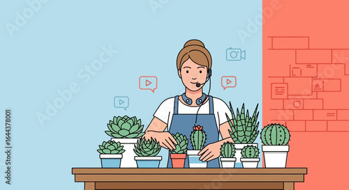 Female Vlogger Plants Succulents During Livestream for Online Gardening Community