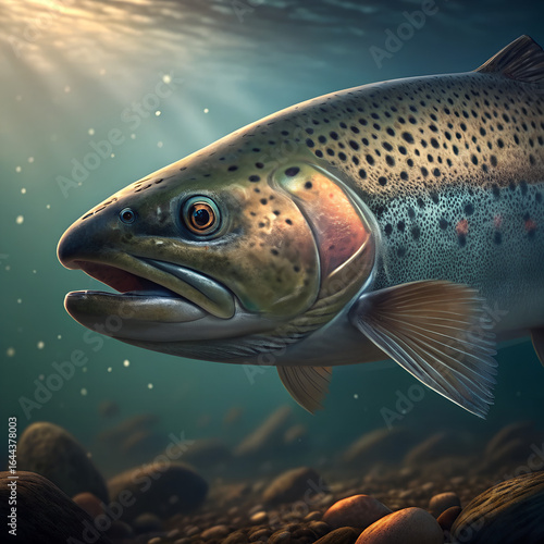 Underwater Majesty: A vibrant, photorealistic portrait of a rainbow trout, captured underwater, its iridescent scales glistening as it gracefully navigates a sunlit stream.